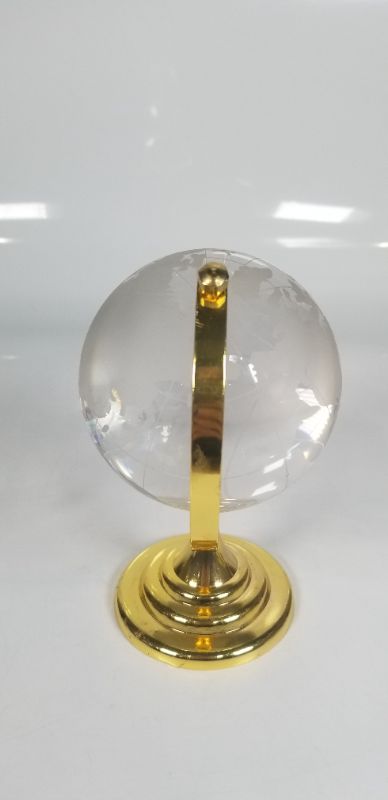 Photo 2 of Etched Crystal World Globe On Stand Brass Colored Base USED 