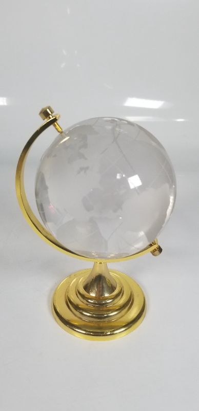 Photo 1 of Etched Crystal World Globe On Stand Brass Colored Base USED 