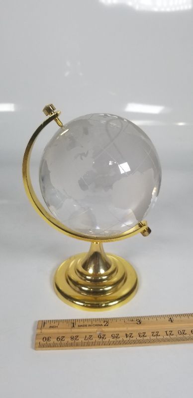 Photo 3 of Etched Crystal World Globe On Stand Brass Colored Base USED 