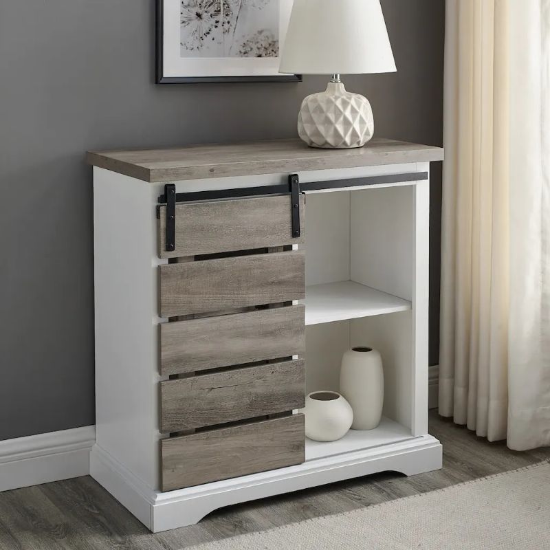 Photo 4 of Edison Walker 32" Solid White & Grey Wash Two-Tone Sliding Slat Door Accent Cabinet New