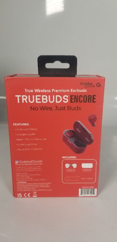 Photo 2 of Gabba goods True Wireless Premium  ENCORE Earbuds No Wire, Just Buds Includes Charging Cable Red NEW