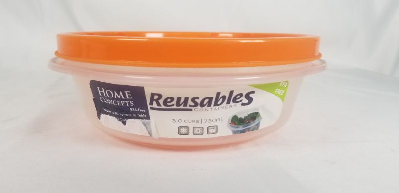 Photo 1 of 3.1 CUP RESUSABLE ROUND FOOD STORAGE CLEAR WITH ORANGE LID NEW