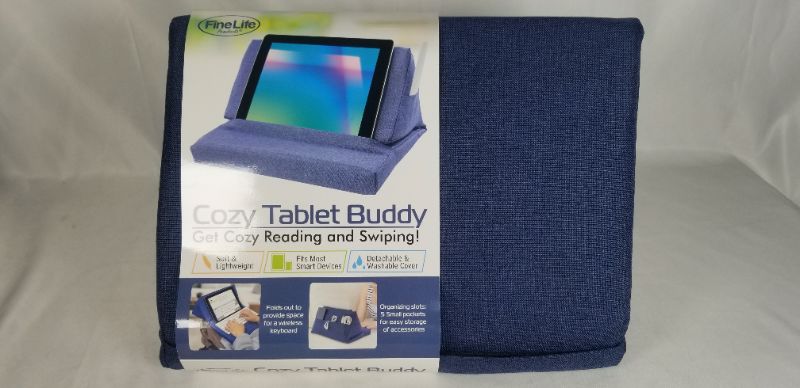 Photo 4 of BLUE COZY TABLET BUDDY, SOFT STAND OFFERS COMFORTABLE EXTENDED USE OF TABLETS AND BOOKS, DETACHABLE AND WASHABLE COVER, FOLDS OUT TO PROVIDE SPACE FOR WIRELESS KEYBOARD AND 5 SMALL POCKETS FOR EASY STORAGE OF ACCESORIES NEW 