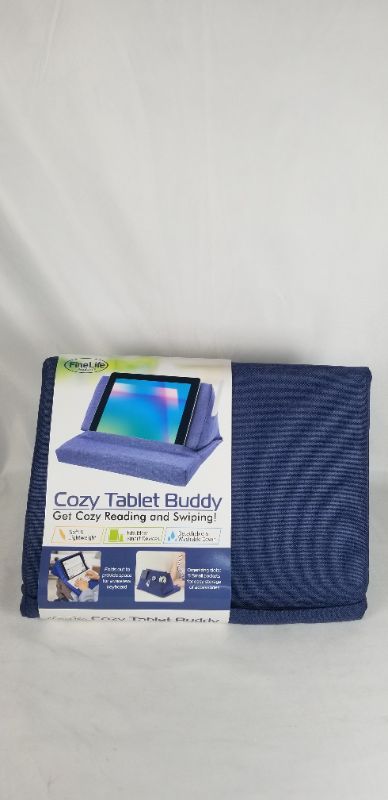 Photo 2 of BLUE COZY TABLET BUDDY, SOFT STAND OFFERS COMFORTABLE EXTENDED USE OF TABLETS AND BOOKS, DETACHABLE AND WASHABLE COVER, FOLDS OUT TO PROVIDE SPACE FOR WIRELESS KEYBOARD AND 5 SMALL POCKETS FOR EASY STORAGE OF ACCESORIES NEW 