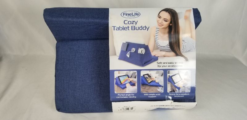 Photo 3 of BLUE COZY TABLET BUDDY, SOFT STAND OFFERS COMFORTABLE EXTENDED USE OF TABLETS AND BOOKS, DETACHABLE AND WASHABLE COVER, FOLDS OUT TO PROVIDE SPACE FOR WIRELESS KEYBOARD AND 5 SMALL POCKETS FOR EASY STORAGE OF ACCESORIES NEW 