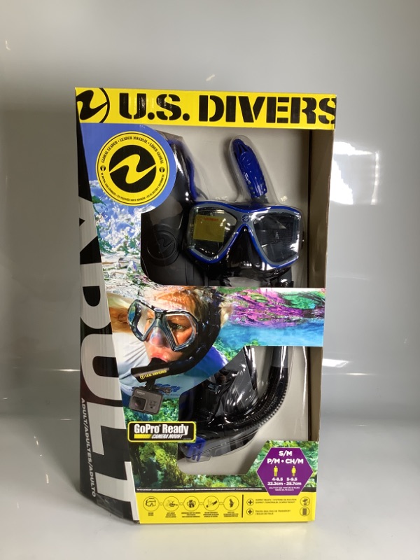 Photo 1 of US DIVERS GO PRO READY MASK SNORKEL AND FINS BLACK/ BLUE/ GREY W / MESH TRAVEL BAG NEW