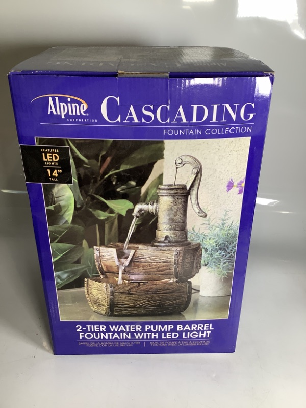 Photo 2 of ALPINE TIRE WATER PUMP BARREL TABLETOP FOUNTAIN W LED LIGHTS POLYSTONE NEW