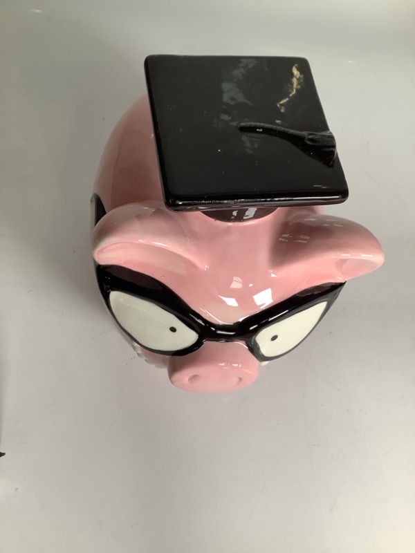 Photo 2 of PIGGY GRADUATION BANK WITH GLASSES AND WHITE CHAIN NEW 