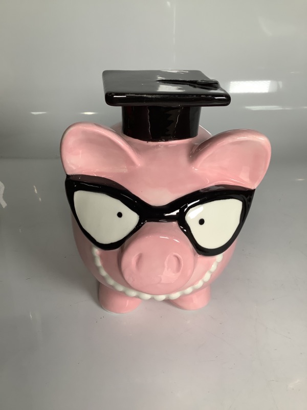 Photo 1 of PIGGY GRADUATION BANK WITH GLASSES AND WHITE CHAIN NEW 