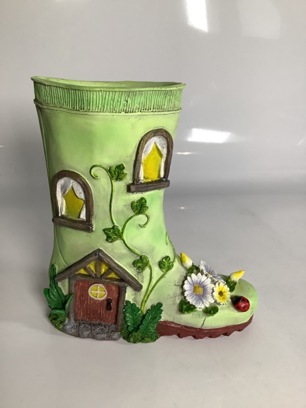 Photo 2 of 9.5" Green and Brown Easter Rain Boot Garden Fairy House Figurine NEW
