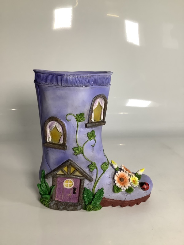 Photo 1 of 9.5" Purple and Brown Easter Rain Boot Garden Fairy House Figurine new
