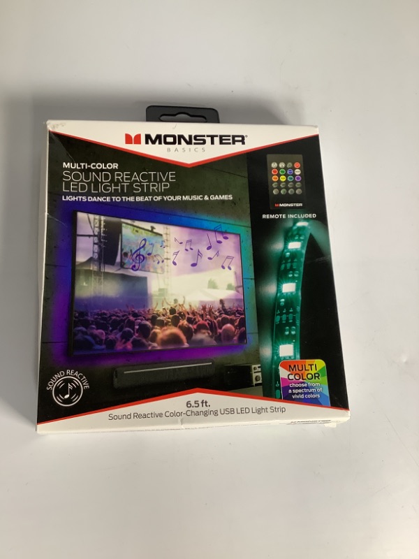 Photo 1 of MONSTER BASICS MULTI-COLORS SOUND REACTIVE LED LIGHT STRIP LIGHTS DANCE TO THE BEAT OF YOUR MUSIC AND GAMES 6.5 FT NEW
