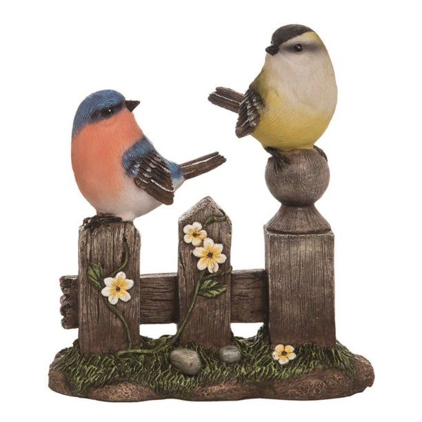 Photo 1 of 7.5" Brown and Red Spring Birds on a Fence Tabletop Figurine new
