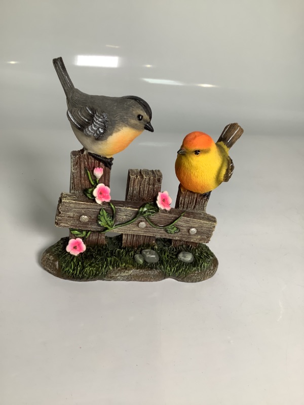 Photo 1 of 7.5" Brown and Red Spring Birds on a Fence Tabletop Figurine new
