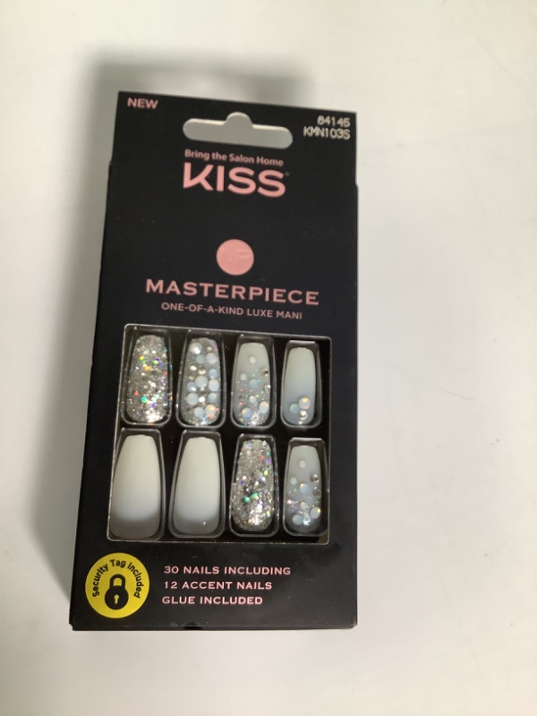 Photo 2 of KISS Masterpiece One-Of-A-Kind Luxe Mani, Long Length, Premium Acrylic Fake Nails, Style “No.1”, with Pink Gel Nail Glue, Manicure Stick, Mini File, & 30 False Nails Including 12 Accent Nails new