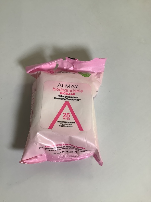 Photo 2 of Almay Makeup Remover Cleansing Towelettes, Biodegradable Micellar Water Wipes for Sensitive Skin, Hypoallergenic, Cruelty Free, Fragrance Free, 25 Count Wipes new 