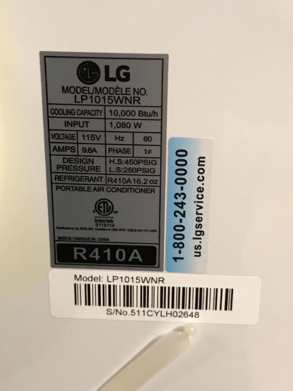 Photo 4 of LG PORTABLE AIR CONDITIONER MODEL LP1015WNR
