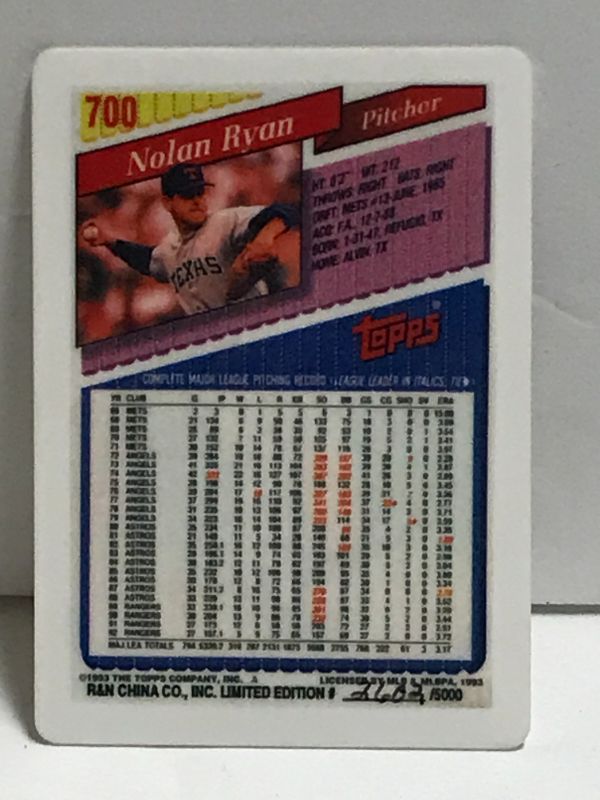 Photo 3 of TOPPS DUGOUT COLLECTION 1993 NOLAN RYAN THINNEST PORCELAIN CARD WITH COA