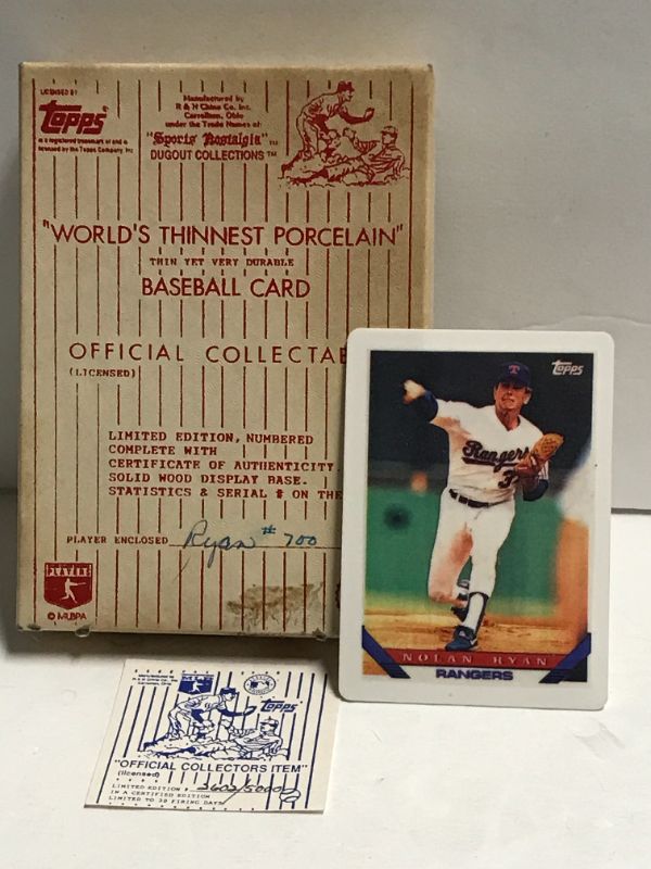 Photo 1 of TOPPS DUGOUT COLLECTION 1993 NOLAN RYAN THINNEST PORCELAIN CARD WITH COA
