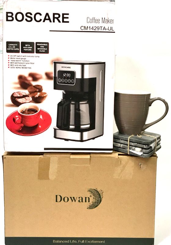 Photo 1 of BOSCARE COFFEE MAKER, DOWAN COFFEE CUPS SET OF 6 & COASTERS