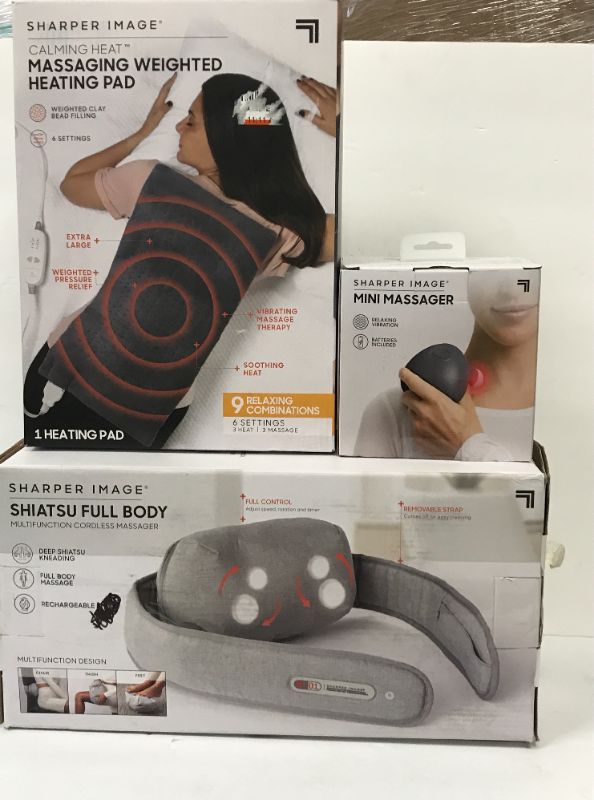 Photo 1 of NEW SHARPER IMAGE MASSAGING WEIGHTED HEATING PAD , MINI MASSAGER & SHATSU FULL BODY