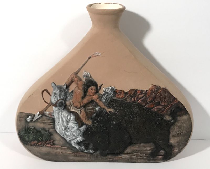 Photo 1 of SOUTHWESTERN WATER FLASK, INDIAN BRAVE HUNTER
 10”W X 10”H 