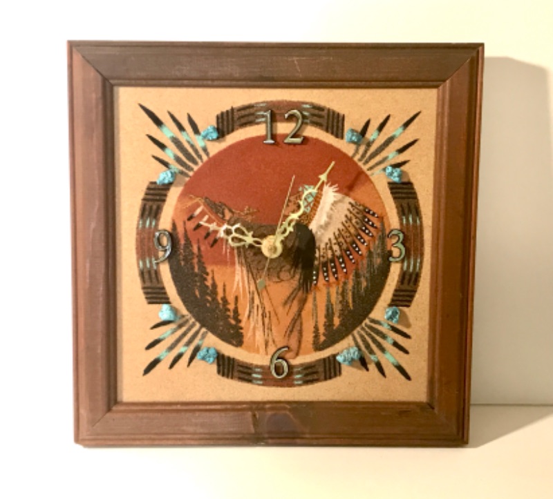 Photo 1 of ARTIST SIGNED HANDCRAFTED WOOD & TURQUOISE NATIVE AMERICAN CLOCK 
9.5 X 9.5