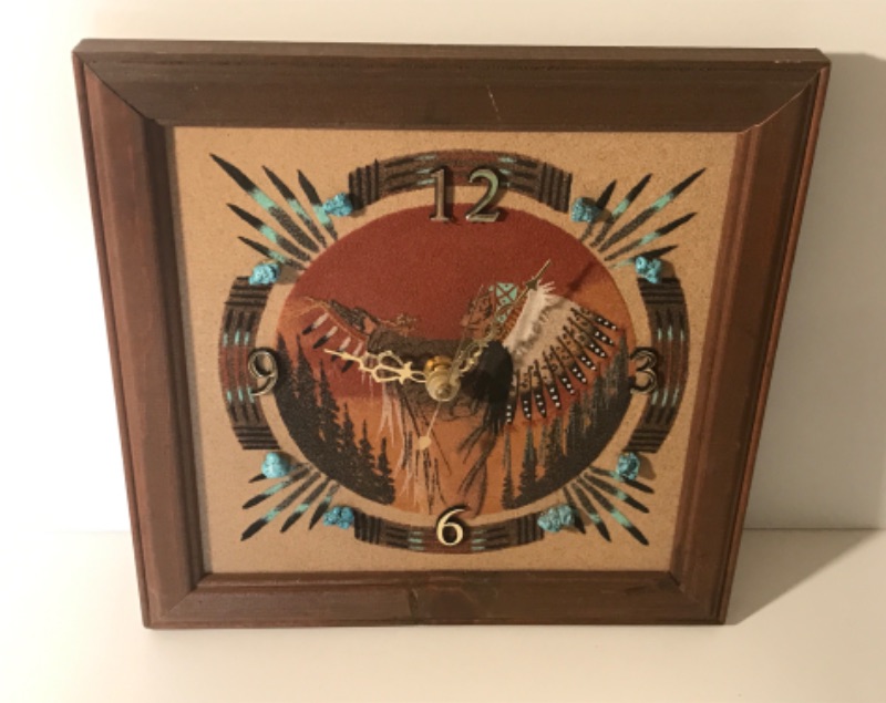 Photo 2 of ARTIST SIGNED HANDCRAFTED WOOD & TURQUOISE NATIVE AMERICAN CLOCK 
9.5 X 9.5