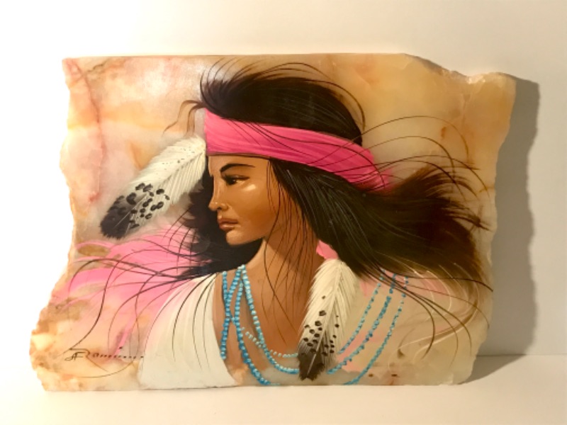 Photo 1 of ARTIST SIGNED NATIVE AMERICAN WOMAN HAND PAINTED ON STONE 11”H X 14”W