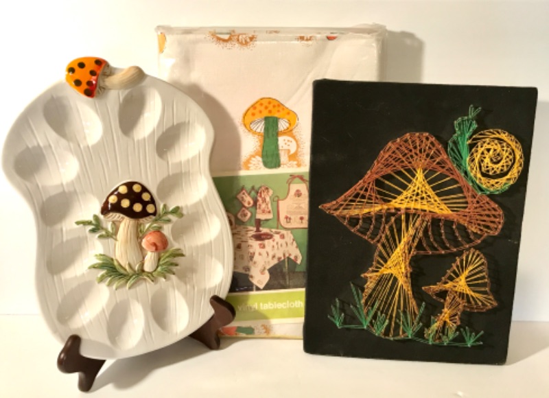 Photo 1 of VINTAGE VINYL MUSHROOM TABLE CLOTH
NOS - 52”X70”
MUSHROOM STRING ART
WALL DECOR