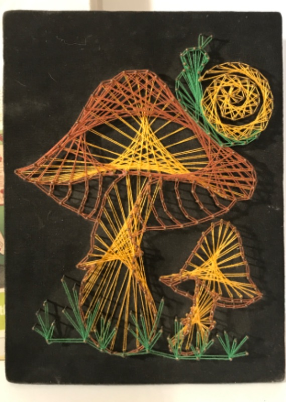Photo 1 of VINTAGE VINYL MUSHROOM TABLE CLOTH
NOS - 52”X70”
MUSHROOM STRING ART
WALL DECOR