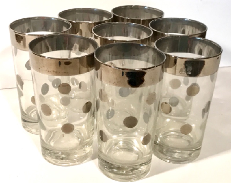 Photo 1 of 1950/60 DOROTHY THORPE DOT BARWARE GLASSES WITH SILVER OVERLAY- SET OF 8