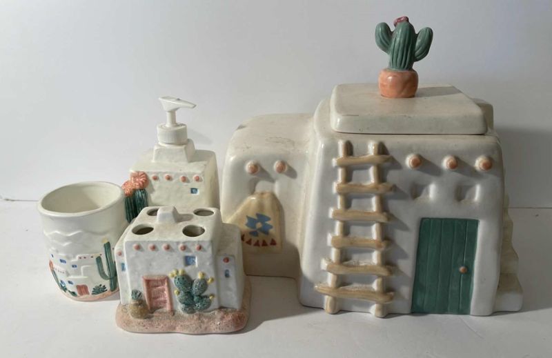 Photo 1 of TREASURE CRAFT SOUTHWEST STYLE HOME ACCENTS COOKIE JAR , SOAP DISPENSER, TOOTHBRUSH HOLDER AND CUP