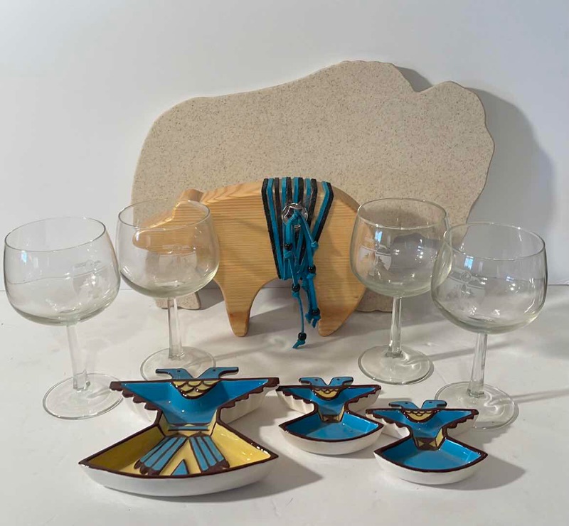 Photo 1 of NATIVE AMERICAN SERVING DISHES “CORIAN CUTTING BOARD, , ETCHED WINE GLASSES 