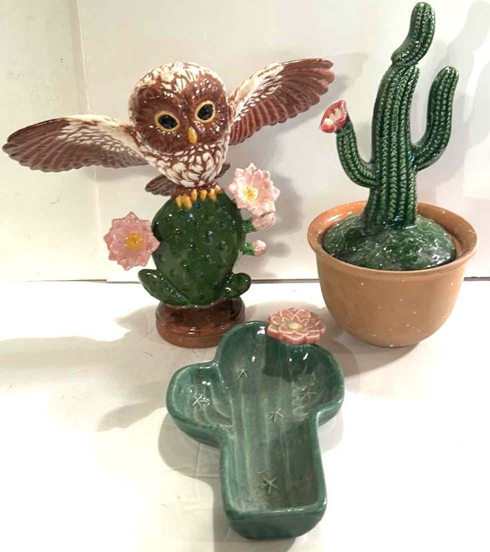 Photo 6 of VINTAGE GLAZED PORCELAIN OWL& CACTUS HOME DECOR TALLEST 11”