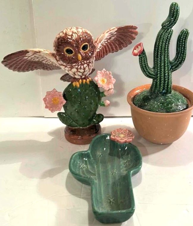 Photo 1 of VINTAGE GLAZED PORCELAIN OWL& CACTUS HOME DECOR TALLEST 11”