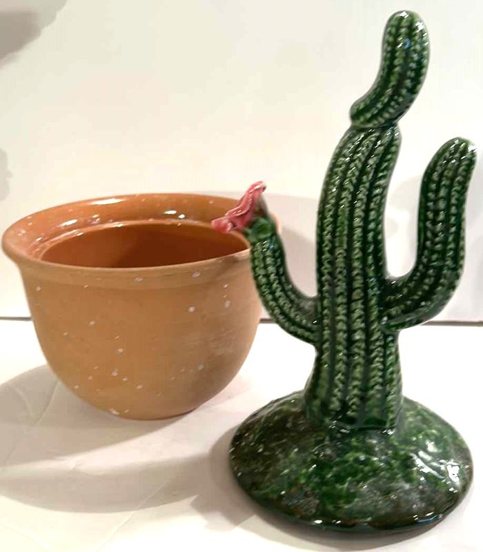 Photo 3 of VINTAGE GLAZED PORCELAIN OWL& CACTUS HOME DECOR TALLEST 11”