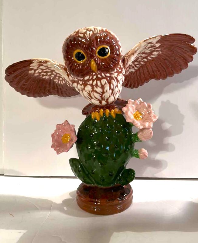 Photo 4 of VINTAGE GLAZED PORCELAIN OWL& CACTUS HOME DECOR TALLEST 11”