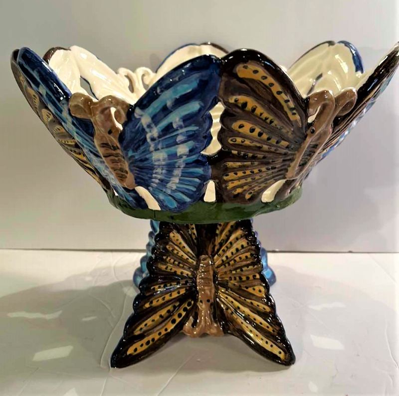 Photo 1 of VINTAGE GLAZED PEDESTAL BUTTERFLY BOWL HANDCRAFTED 11.5” x H9.5”