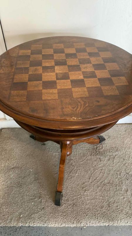 Photo 2 of VINTAGE 2-TIER WOOD CHECKERS / CHESS TABLE, 25” x 26.5"