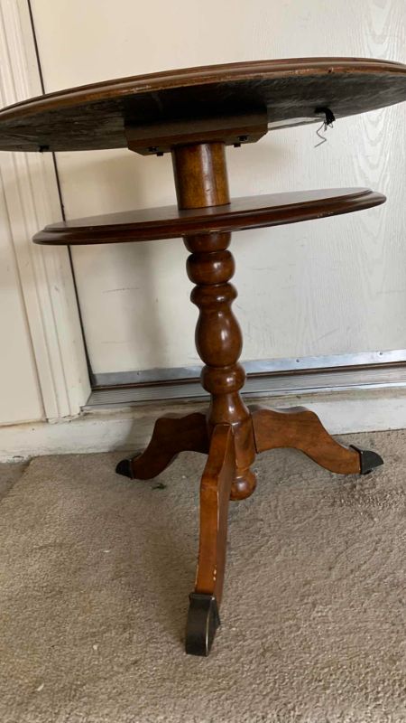 Photo 3 of VINTAGE 2-TIER WOOD CHECKERS / CHESS TABLE, 25” x 26.5"