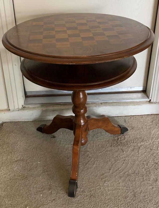 Photo 1 of VINTAGE 2-TIER WOOD CHECKERS / CHESS TABLE, 25” x 26.5"