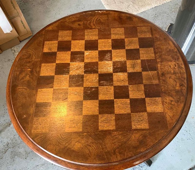 Photo 4 of VINTAGE 2-TIER WOOD CHECKERS / CHESS TABLE, 25” x 26.5"