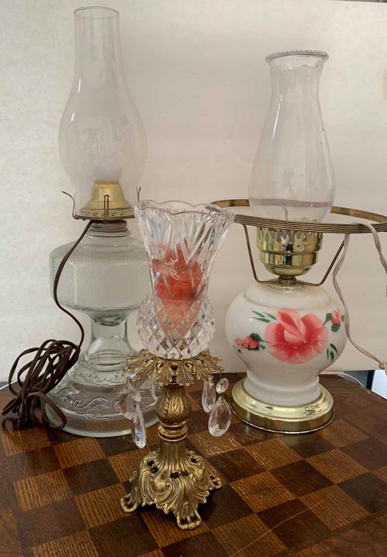 Photo 1 of VINTAGE COLLECTIBLES, TWO HURRICANE LAMPS AND CANDLE HOLDER
