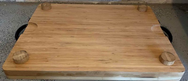 Photo 2 of 27” x 18” , 2 INCH THICK, ISLAND BAMBOO CUTTING BOARD W METAL HANDLES