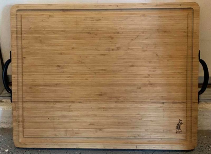 Photo 1 of 27” x 18” , 2 INCH THICK, ISLAND BAMBOO CUTTING BOARD W METAL HANDLES