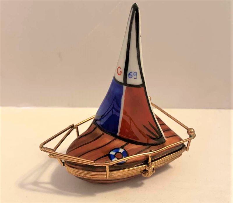 Photo 1 of LIMOGES FRANCE PEINT MAIN, COLLECTIBLE SAILBOAT TRINKET BOX