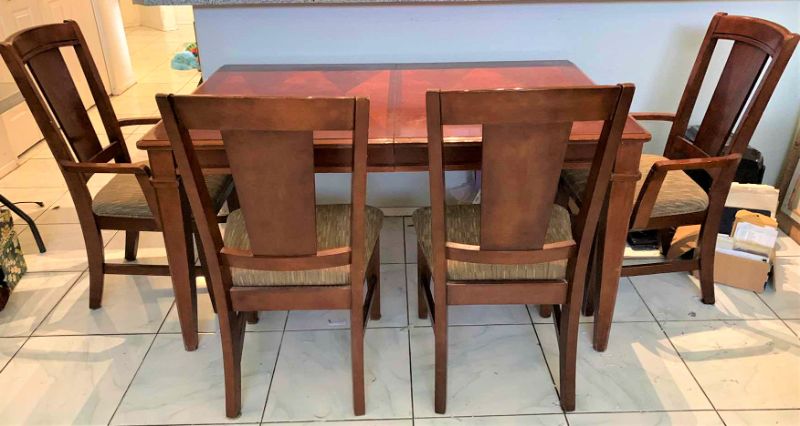 Photo 1 of 40” x 60” WOOD DINING ROOM TABLE W 6 CHAIRS PLUS 18” LEAF