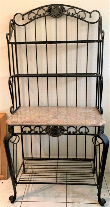 Photo 1 of BLACK WROUGHT IRON BAKERS RACK W MARBLE TOP 36” x 20”
x H76”