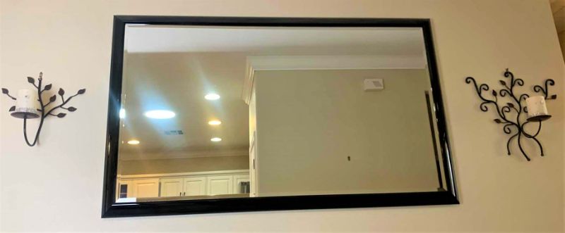 Photo 1 of BLACK LACQUER FRAMED BEVELED GLASS MIRROR 60” x 36” W TWO METAL SCULPTURED SCONCES